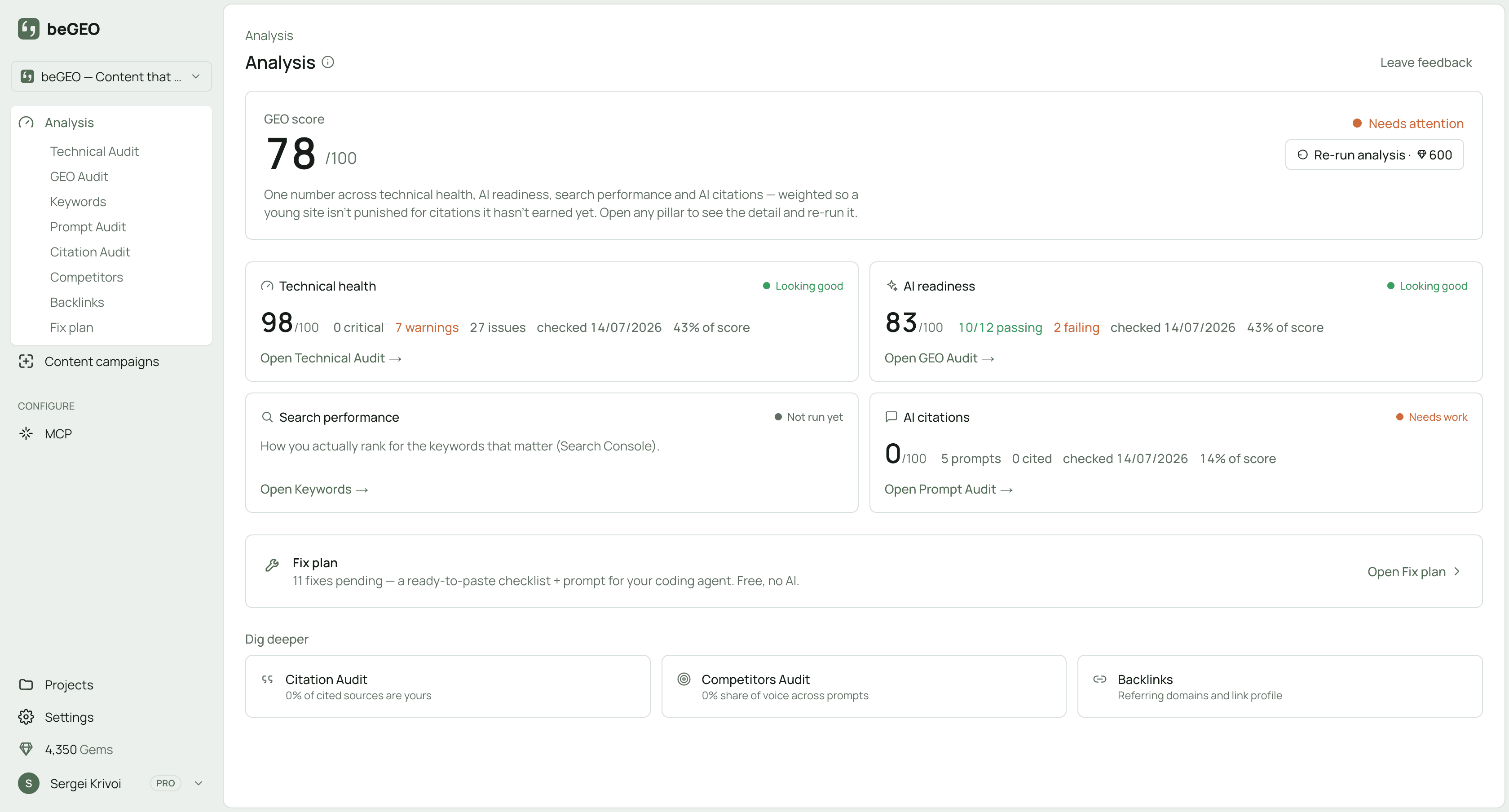 The beGEO Analysis screen: a composite GEO score with the technical, AI-readiness, SEO and citability pillars, each with its own score and issue counts.