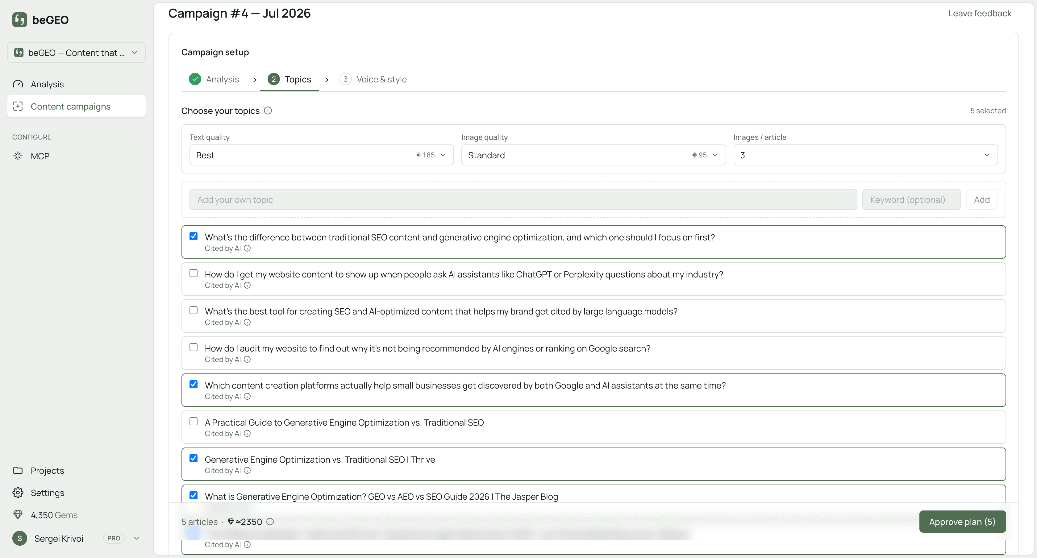 A beGEO content campaign being planned: the topic list with the brief for each article and the total cost shown before launch.