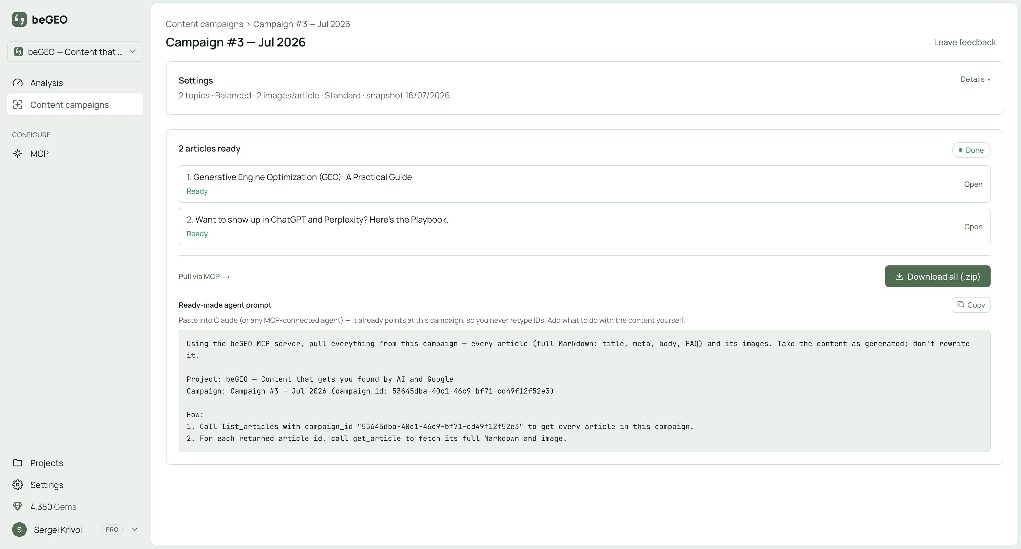 A completed beGEO content campaign showing every generated article as done and ready to deliver.