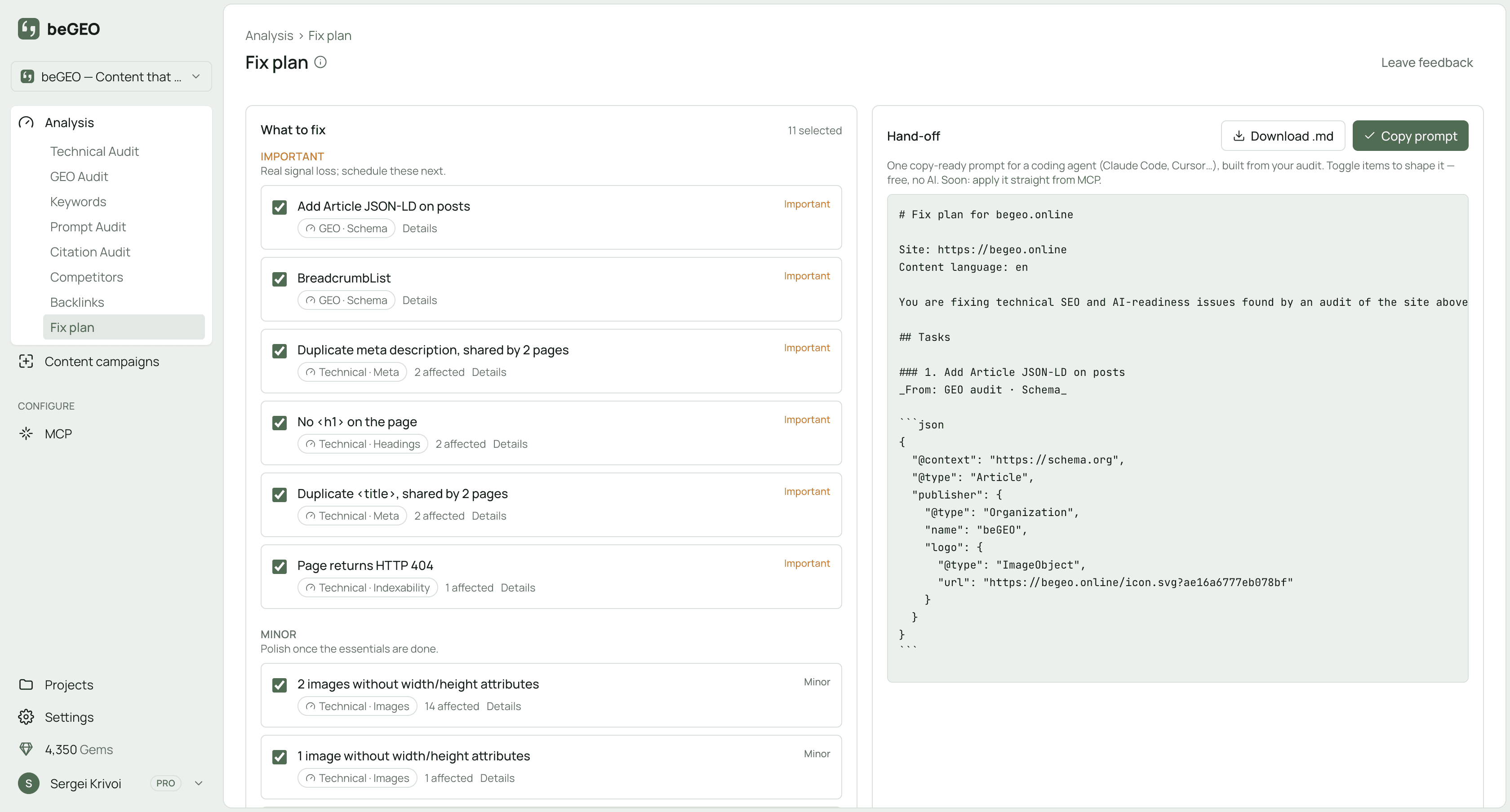 The beGEO Fix plan: a prioritized checklist of technical and GEO fixes with a copy-ready prompt assembled from the selected items.