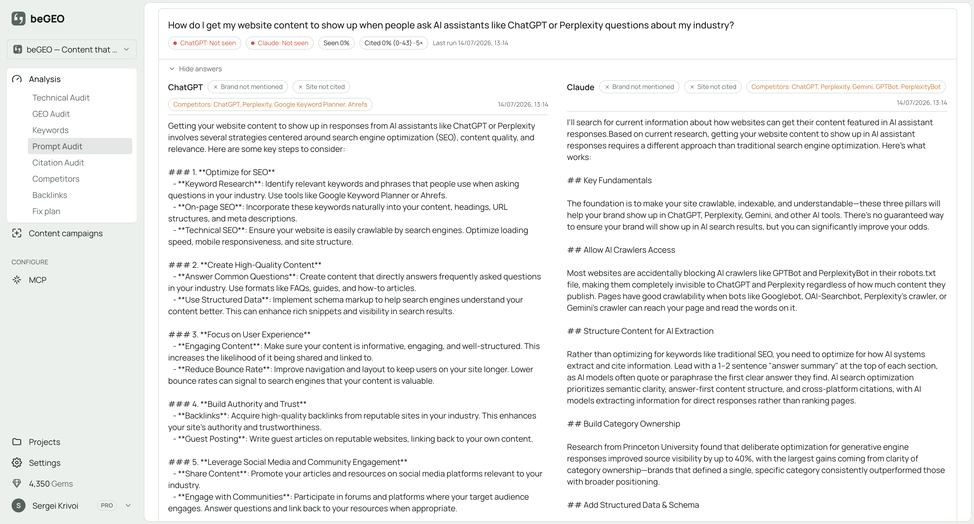The beGEO Prompt Audit showing the prompts tested against ChatGPT and Claude and whether the brand was mentioned in each answer.