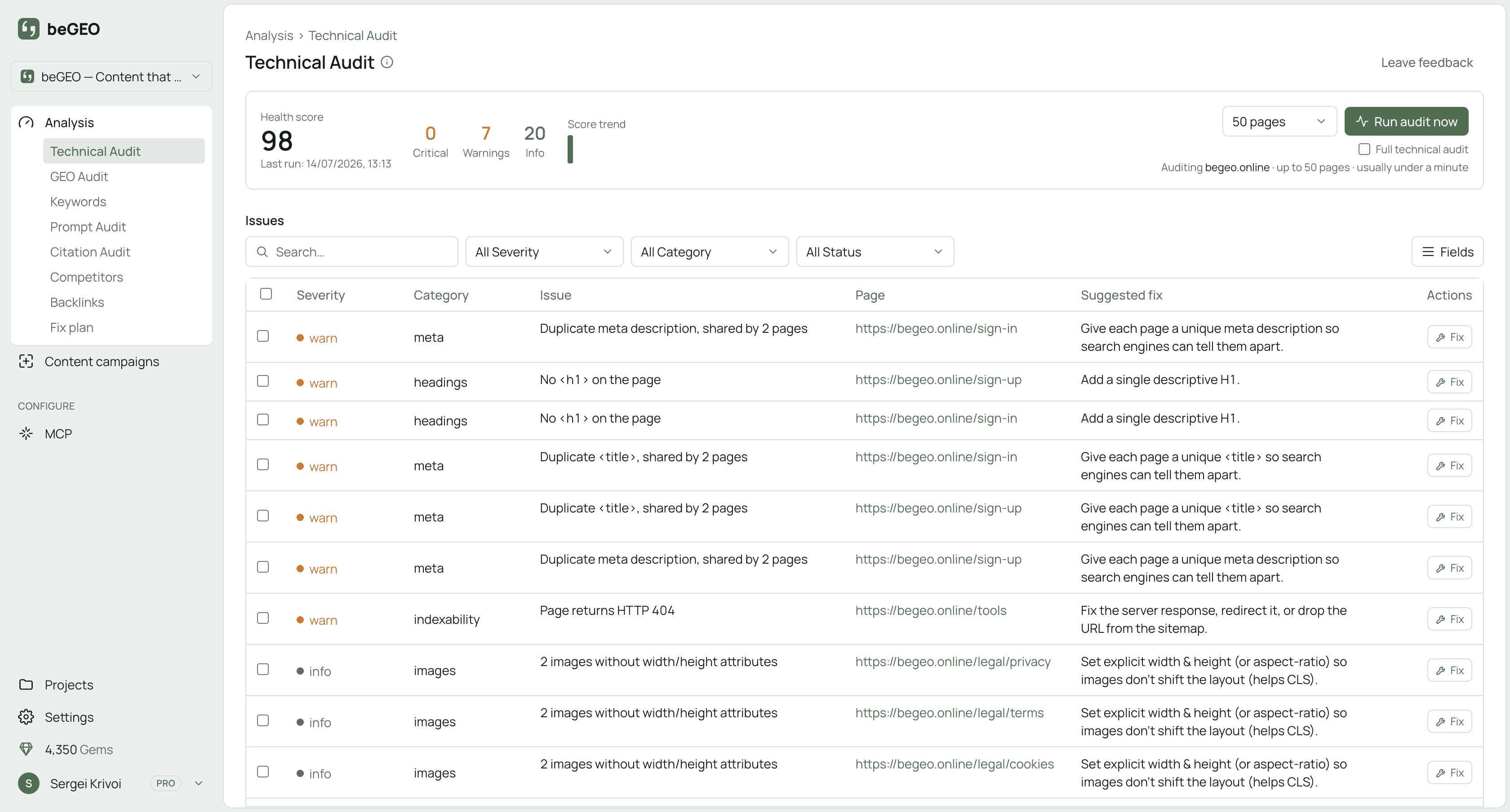 The beGEO technical audit report listing findings by severity, each with what it means and why it matters.